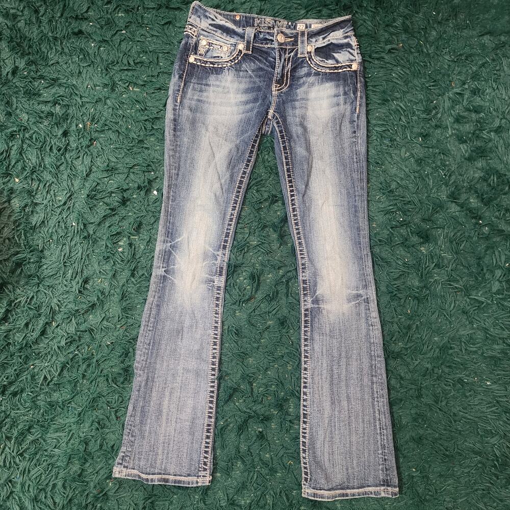 Miss Me Bootcut Jeans Sz 27 Distressed Y2K Thick Stitch Denim